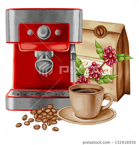 Watercolor illustration of a coffee machine with a cup, coffee beans, and a kraft bag of coffee. Illustrations for coffee shops, cafes, packaging, menus, and product design. 132918938
