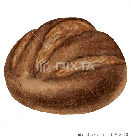 Watercolor illustration of a round loaf of dark rye or black bread in a rustic style. Perfect for bakery branding, menu design, food packaging, and healthy eating concepts. Watercolor illustration of a round loaf of dark rye or black bread in a rustic style. Perfect for bakery branding, menu design, food packaging, and healthy eating concepts. 132918960