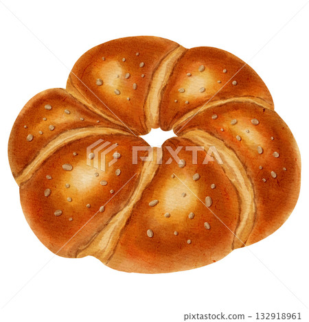 Watercolor illustration of a sweet white flour bun. Bakery products. Perfect for baking menus, packaging, dessert decorations, and evening tea party decor. 132918961