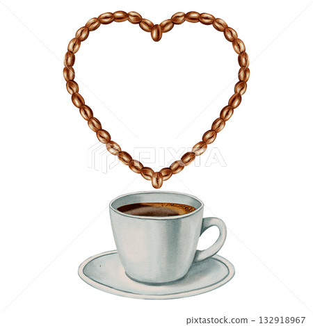Watercolor illustration of a heart made of roasted coffee beans and a cup of black coffee. Love for coffee. Heart. Illustrations for coffee shops, cafes, packaging, menus, and product design. Watercolor illustration of a heart made of roasted coffee beans and a cup of black coffee. Love for coffee. Heart. Illustrations for coffee shops, cafes, packaging, menus, and product design. 132918967