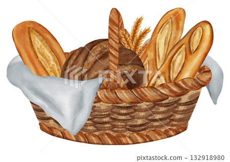 Watercolor illustration of a basket overflowing with different baked goods: dark and white bread, rolls, croissants, and muffins. Ideal for bakery menu, food packaging, cookbooks, recipes Watercolor illustration of a basket overflowing with different baked goods: dark and white bread, rolls, croissants, and muffins. Ideal for bakery menu, food packaging, cookbooks, recipes 132918980