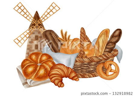 Watercolor Illustration: basket with assorted bread, a rustic mill, and a sack of flour. Perfect for comprehensive bakery and grain processing branding, menu, food packaging, cookbooks, recipes Watercolor Illustration: basket with assorted bread, a rustic mill, and a sack of flour. Perfect for comprehensive bakery and grain processing branding, menu, food packaging, cookbooks, recipes 132918982