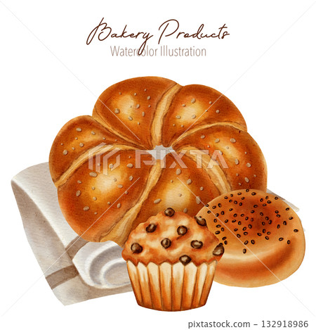 Watercolor illustration featuring a composition of sweets and baked goods: muffins, croissants, buns, and rolls. Perfect for bakery branding, menus, product packaging, cookbooks, recipes, and desserts Watercolor illustration featuring a composition of sweets and baked goods: muffins, croissants, buns, and rolls. Perfect for bakery branding, menus, product packaging, cookbooks, recipes, and desserts 132918986
