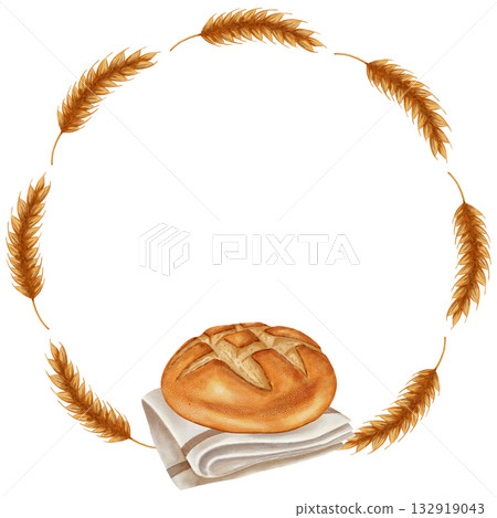 Watercolor illustration of a round frame depicting wheat ears and a loaf of bread and baked goods. Perfect for bakery branding, menus, food packaging, cookbooks, recipes, grocery stores Watercolor illustration of a round frame depicting wheat ears and a loaf of bread and baked goods. Perfect for bakery branding, menus, food packaging, cookbooks, recipes, grocery stores 132919043