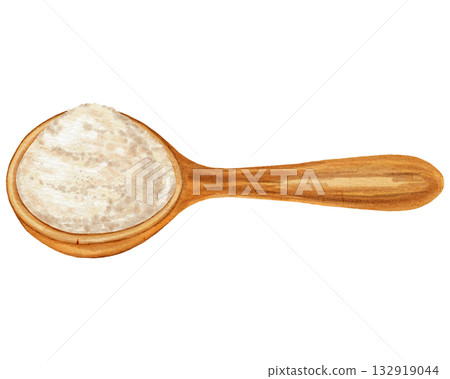 Watercolor illustration of a wooden spoon with a small amount of white flour. Perfect for baking, baking instructions, recipe illustrations, and culinary content. 132919044