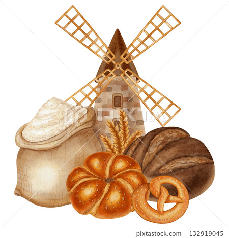 Watercolor illustration featuring a mill, flour, bread, buns, and a croissant. Ideal for branding, packaging, and harvesting, as well as advertising bakery, farm, organic products, cookbooks, recipes 132919045