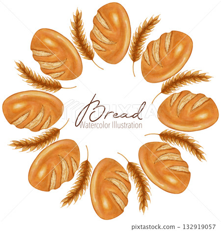 Watercolor illustration circular frame of various loaves of dark and white bread. Perfect for bakery branding, menu, food packaging, cookbooks, recipes, food markets, and cooking schools. Watercolor illustration circular frame of various loaves of dark and white bread. Perfect for bakery branding, menu, food packaging, cookbooks, recipes, food markets, and cooking schools. 132919057