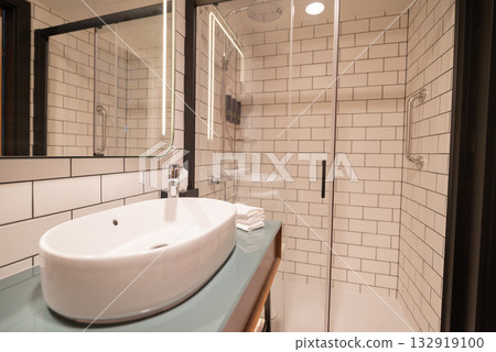plumbing washbasin modern in hotel in bathroom on background shower 132919100