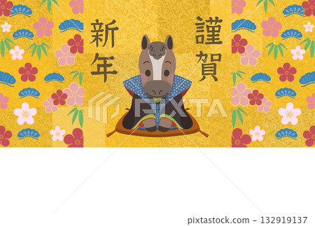 New Year's card template of a horse in a kimono sitting upright / no greeting New Year's card template of a horse in a kimono sitting upright / no greeting 132919137