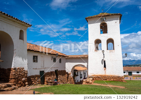 Colonial church in Chinchero, Peru, with white adobe bell tower Colonial church in Chinchero, Peru, with white adobe bell tower 132919242