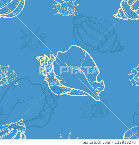 Elegant seamless pattern with marine seashells and starfish drawn in delicate blue line art on a deep ocean background. Perfect for summer textiles, beachwear, wrapping paper, or coastal home decor. Elegant seamless pattern with marine seashells and starfish drawn in delicate blue line art on a deep ocean background. Perfect for summer textiles, beachwear, wrapping paper, or coastal home decor. 132919276