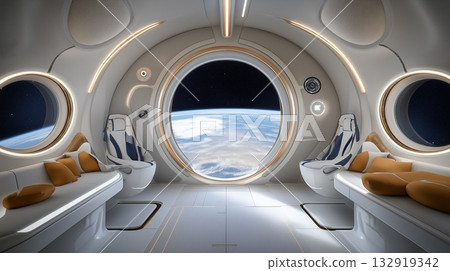 Futuristic spacecraft interior with stunning view of planet from space station 132919342