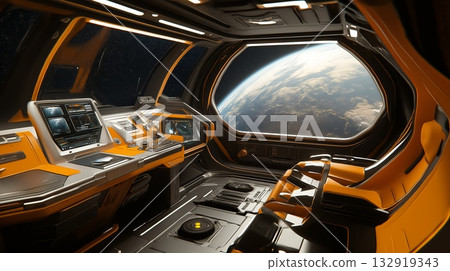 View of a futuristic spacecraft interior with control panel and Earth visible through the window in outer space 132919343