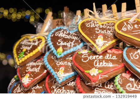 Delicious icing gingerbread cookies at the Christmas market for the New Year in Krakow, Poland 132919449