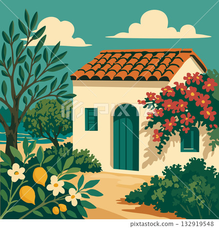 Traditional Greek house surrounded by garden with olive trees, lemon blossoms, and bougainvillea. Vector illustration in retro style 132919548