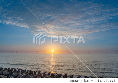 Sunset seascape at Miaoli with wind turbines in Taiwan. 132919551