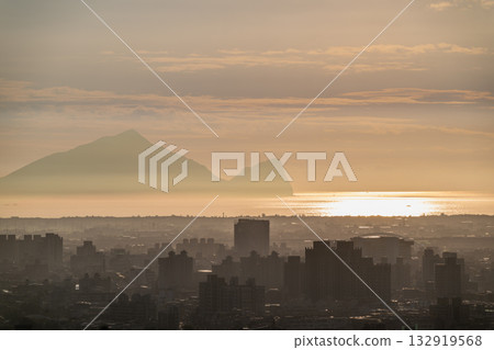 Guishan Island Silhouette Sunrise Over Yilan City Taiwan Dramatic Sky. 132919568