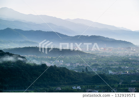 Guishan Island Silhouette Sunrise Over Yilan City Taiwan Dramatic Sky. 132919571