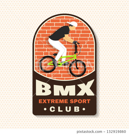 Bmx extreme sport club badge, patch, sticker. Vector. Concept for shirt, logo, print, stamp, tee with man ride on a sport bicycle. Vintage typography design with bmx cyclist silhouette. Bmx extreme sport club badge, patch, sticker. Vector. Concept for shirt, logo, print, stamp, tee with man ride on a sport bicycle. Vintage typography design with bmx cyclist silhouette. 132919860