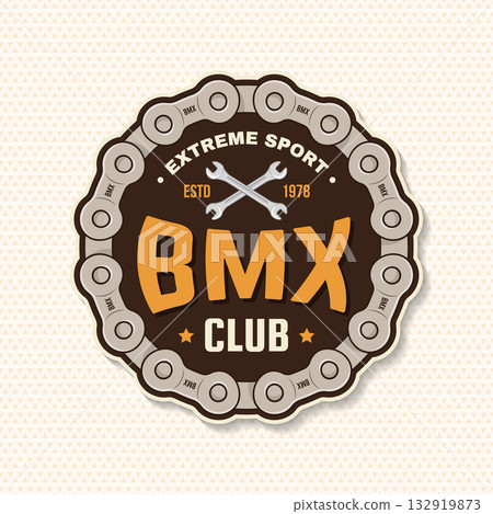 Bmx extreme sport club badge, patch, sticker. Vector. Concept for shirt, logo, print, stamp, tee with sprocket, chain. Vintage typography design with wrench and chain silhouette. Bmx extreme sport club badge, patch, sticker. Vector. Concept for shirt, logo, print, stamp, tee with sprocket, chain. Vintage typography design with wrench and chain silhouette. 132919873