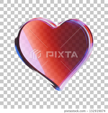 3D glass heart icon with refraction and holographic effect isolated on dark background. Neon transparent heart with overlay dispersion light, rainbow gradient. 3d vector morphism. 132919874