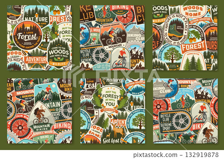 Set of Mountain biking seamless pattern or background with inspirational adventure quotes. Vector illustration. Concept for shirt or logo, print, stamp or tee. Wallpaper design with man riding bike Set of Mountain biking seamless pattern or background with inspirational adventure quotes. Vector illustration. Concept for shirt or logo, print, stamp or tee. Wallpaper design with man riding bike 132919878