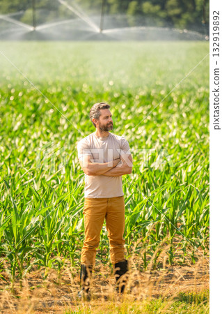 Man at irrigation system watering agricultural field. Farmer man countryside. Water sprinkler irrigating crop field. Drip irrigation system. Crop irrigation. Agriculture and farming. Soil fertility 132919892