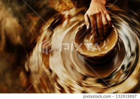 Young woman ceramist in the workshop makes mug out of clay. Closeup of female potter hands. Art and small business. Creation of ceramic products. Person at work creating handmade cup in studio Young woman ceramist in the workshop makes mug out of clay. Closeup of female potter hands. Art and small business. Creation of ceramic products. Person at work creating handmade cup in studio 132919897