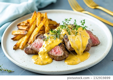 Closeup of grilled steak with French fries and creamy mustard sauce on a ceramic plate. High-protein restaurant-style dish, perfect for advertising lunch menus, takeout, or food delivery services 132919899
