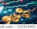 Stack of gold bitcoin coins on digital stock chart background. Symbol of cryptocurrency investment, financial trends and blockchain market. Sharp focus, modern concept, visual financial technology. 132919901
