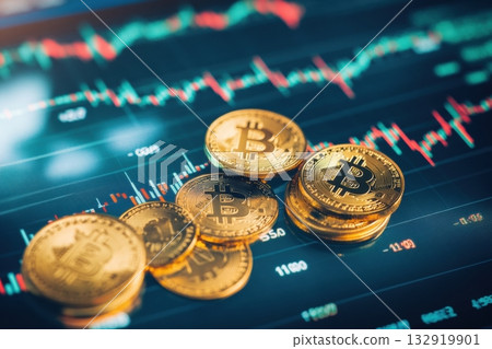 Stack of gold bitcoin coins on digital stock chart background. Symbol of cryptocurrency investment, financial trends and blockchain market. Sharp focus, modern concept, visual financial technology. 132919901