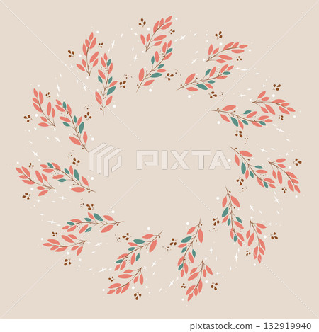 Elegant wreath with pink and green leaves on beige background 132919940