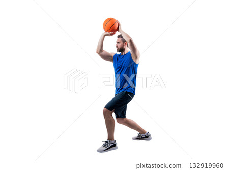 Dunk in basket. Slam dunk in motion. Man with basketball ball on court. Professional basketball player training isolated on white. Man has sport motivation. Sport and hobby. Jump shot 132919960
