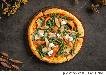 Gourmet pizza with salmon and arugula Gourmet pizza with salmon and arugula 132919964