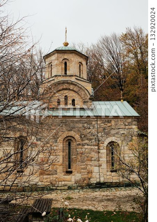 Stone dome with golden cross rising above monastery roof among bare autumn trees. Monastery Tresije, Serbia 132920024