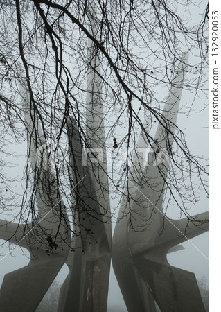 Close-up of the Kosmaj Monument through leafless branches on a foggy day, evoking solitude and mystery 132920053