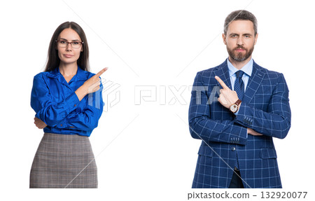 businesspeople working on business project and promoting by pointing finger on copy space isolated on white businesspeople working on business project and promoting by pointing finger on copy space isolated on white 132920077