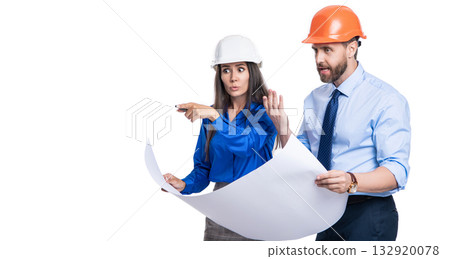Architect planning work. Chief engineer and architect in hardhat isolated. Safety business. Data protection. Supervisor engineer with blueprint. Plan construction project. Expertise of creativity Architect planning work. Chief engineer and architect in hardhat isolated. Safety business. Data protection. Supervisor engineer with blueprint. Plan construction project. Expertise of creativity 132920078
