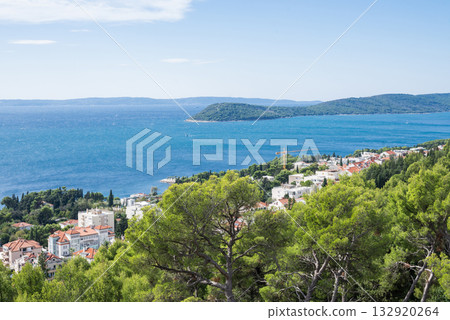 A beautiful view of the Adriatic Sea in Split, Croatia, from the  vidilica mountain park. 132920264