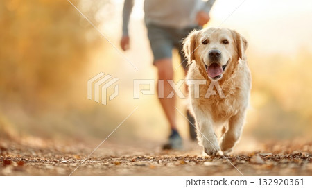 Happy golden retriever dog running on forest trail in autumn sunlight Happy golden retriever dog running on forest trail in autumn sunlight 132920361