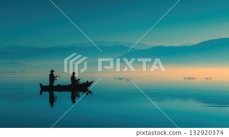 Fishermen on Tranquil Lake at Sunrise Fishermen on Tranquil Lake at Sunrise 132920374