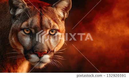 Puma Portrait with Fiery Orange Background Puma Portrait with Fiery Orange Background 132920391