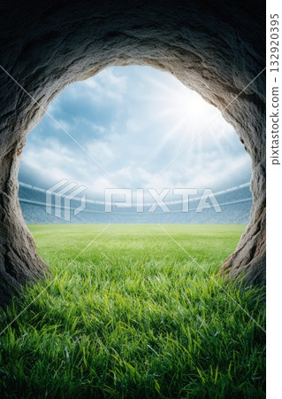 Bright sunny stadium view from tunnel 132920395