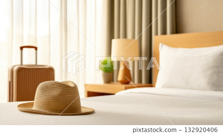 Cozy Hotel Room with Straw Hat and Suitcase on Bed 132920406