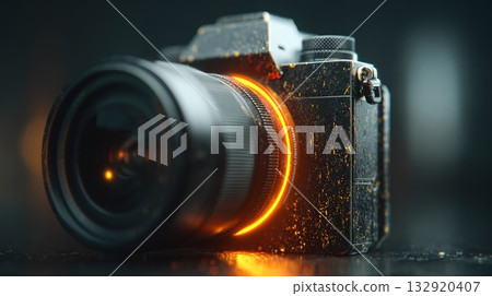 Artistic Portrait of Camera with Orange Neon Ring Light 132920407