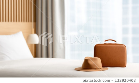 Travel Concept with Hat and Leather Suitcase on Hotel Bed 132920408