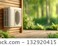Air conditioner unit on wooden house wall 132920415