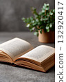 Open book on table with plant 132920417