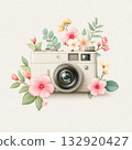 Vintage Camera Surrounded by Flowers Illustration 132920427