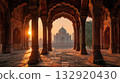 Taj Mahal Framed by Arched Corridor at Sunset 132920430